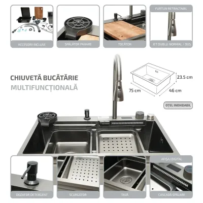Lavello da cucina multifunzionale in acciaio inox con display digitale della temperatura, funzione cascata, lavapentole, dispenser di sapone, scolapiatti, vassoio, tagliere e accessori inclusi, dimensioni 75×46×23,5 cm. - immagine 2