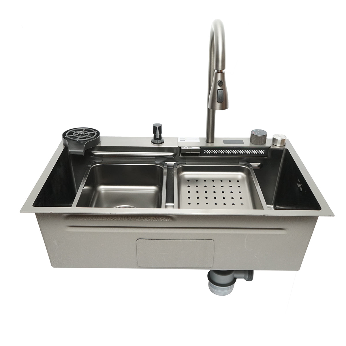 Lavello da cucina multifunzionale in acciaio inox con display digitale della temperatura, funzione cascata, lavapentole, dispenser di sapone, scolapiatti, vassoio, tagliere e accessori inclusi, dimensioni 75×46×23,5 cm.