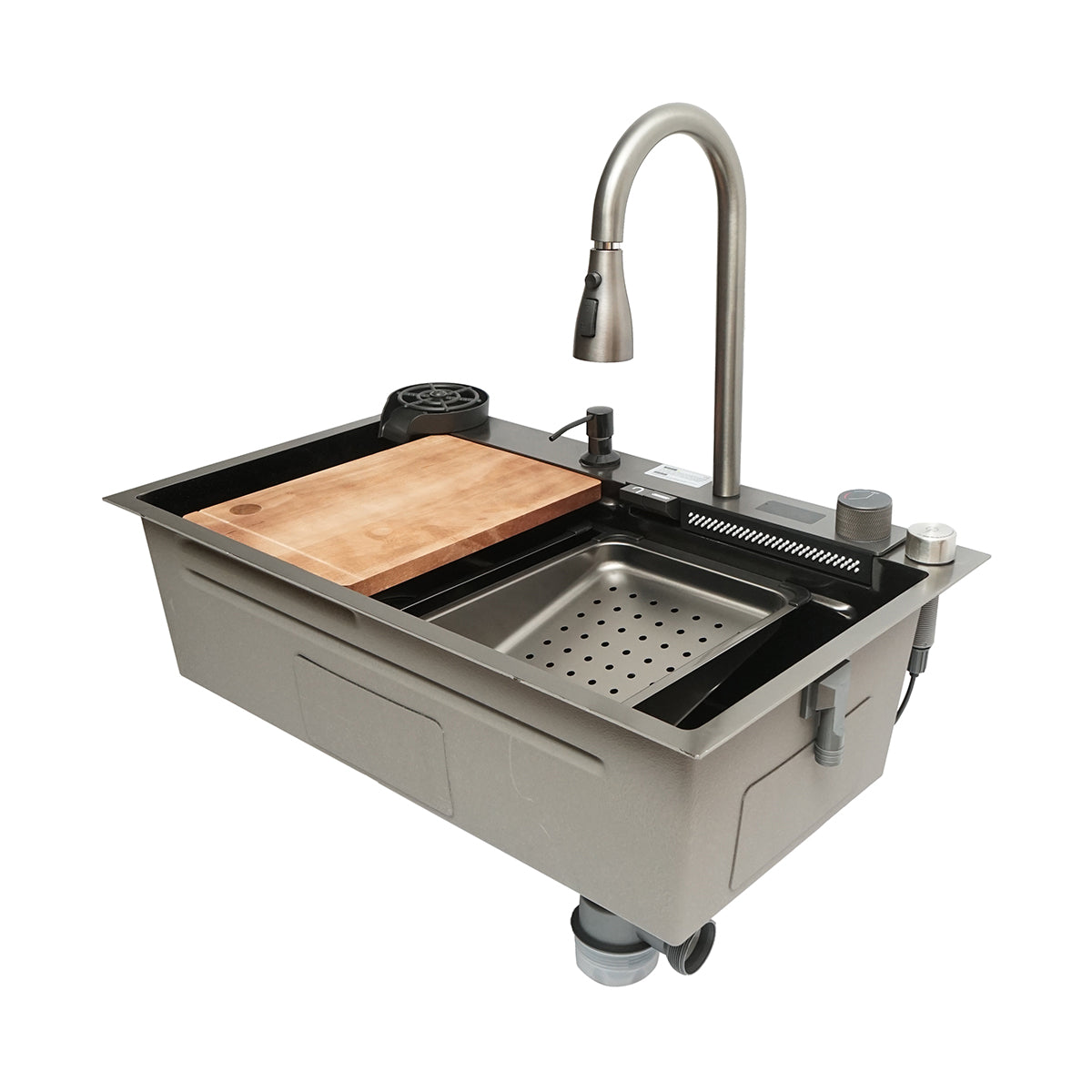 Lavello da cucina multifunzionale in acciaio inox con display digitale della temperatura, funzione cascata, lavapentole, dispenser di sapone, scolapiatti, vassoio, tagliere e accessori inclusi, dimensioni 75×46×23,5 cm. - immagine 5