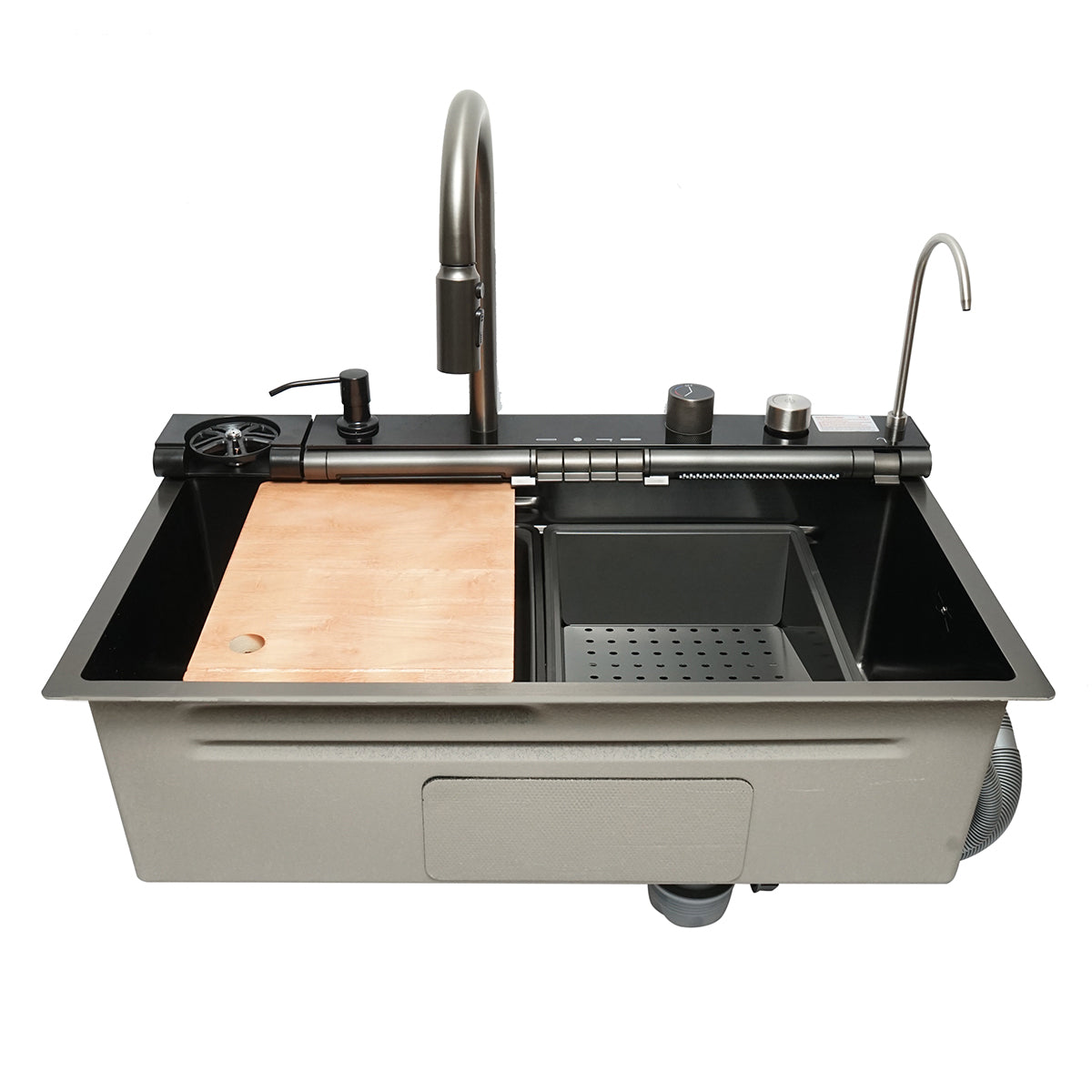 Lavello da cucina multifunzionale in acciaio inox con due rubinetti, display digitale della temperatura, due rubinetti a cascata, lavapentole, scolapiatti, vassoio, tagliere e accessori inclusi, dimensioni 75×46×22 cm.