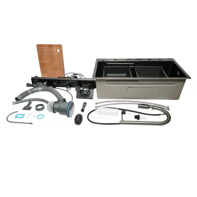 Lavello da cucina multifunzionale in acciaio inox con due rubinetti, display digitale della temperatura, due rubinetti a cascata, lavapentole, scolapiatti, vassoio, tagliere e accessori inclusi, dimensioni 75×46×22 cm. - immagine 3