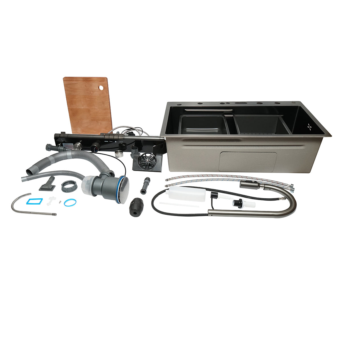 Lavello da cucina multifunzionale in acciaio inox con due rubinetti, display digitale della temperatura, due rubinetti a cascata, lavapentole, scolapiatti, vassoio, tagliere e accessori inclusi, dimensioni 75×46×22 cm. - immagine 3