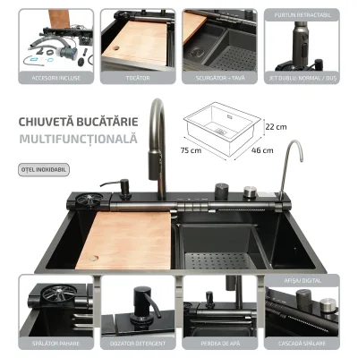 Lavello da cucina multifunzionale in acciaio inox con due rubinetti, display digitale della temperatura, due rubinetti a cascata, lavapentole, scolapiatti, vassoio, tagliere e accessori inclusi, dimensioni 75×46×22 cm. - immagine 2