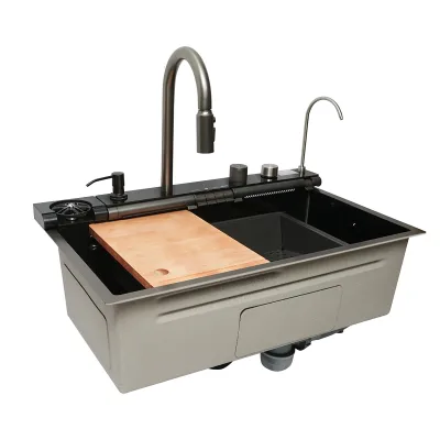Lavello da cucina multifunzionale in acciaio inox con due rubinetti, display digitale della temperatura, due rubinetti a cascata, lavapentole, scolapiatti, vassoio, tagliere e accessori inclusi, dimensioni 75×46×22 cm. - immagine 5