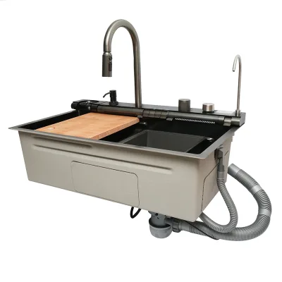 Lavello da cucina multifunzionale in acciaio inox con due rubinetti, display digitale della temperatura, due rubinetti a cascata, lavapentole, scolapiatti, vassoio, tagliere e accessori inclusi, dimensioni 75×46×22 cm. - immagine 6