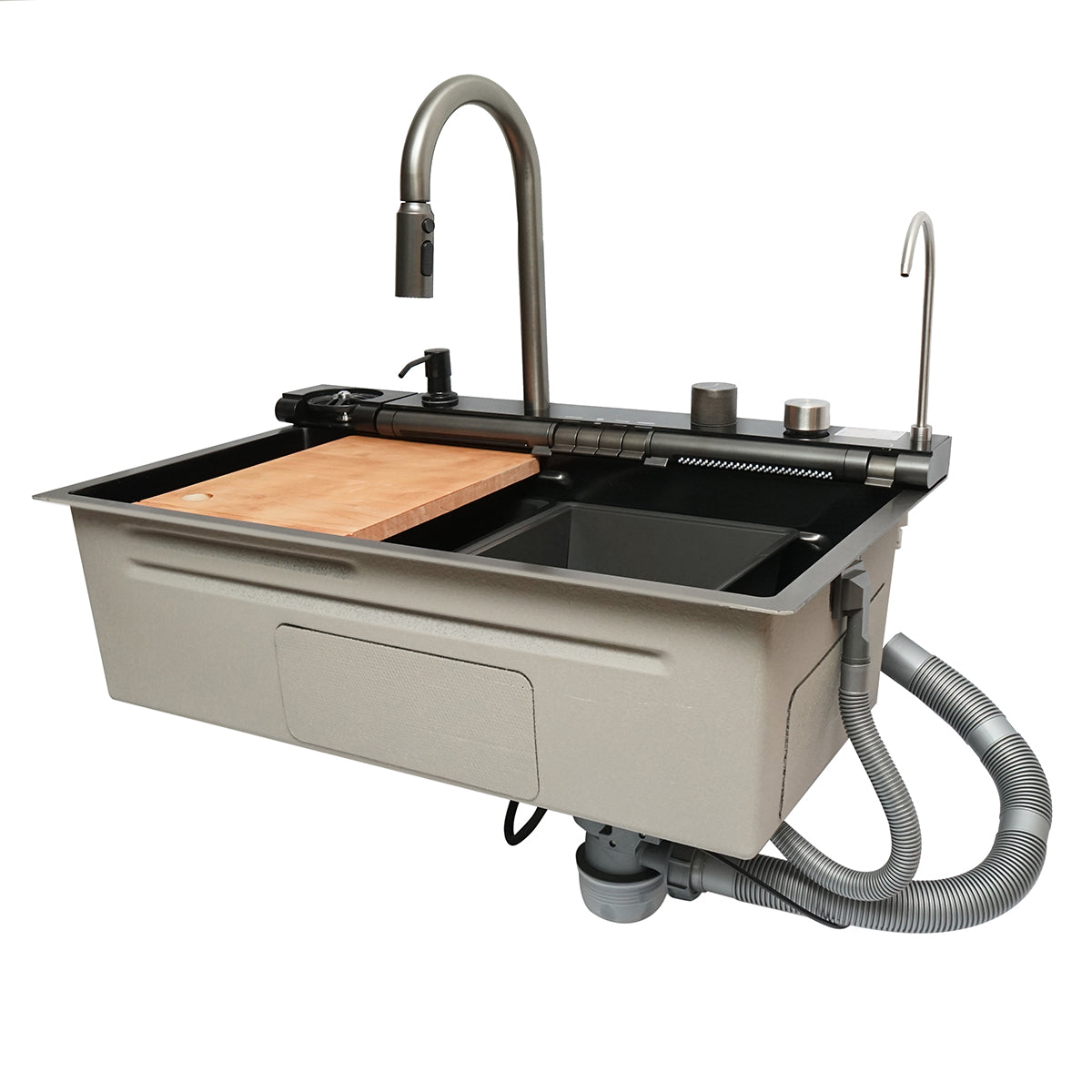 Lavello da cucina multifunzionale in acciaio inox con due rubinetti, display digitale della temperatura, due rubinetti a cascata, lavapentole, scolapiatti, vassoio, tagliere e accessori inclusi, dimensioni 75×46×22 cm. - immagine 6