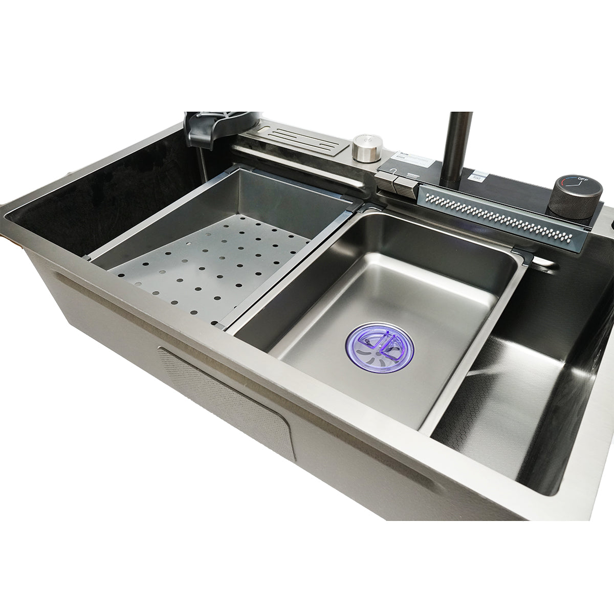 Lavello da cucina multifunzionale in acciaio inox con due rubinetti, display digitale della temperatura, funzione cascata, lavapentole, scolapiatti, vassoio, tagliere e accessori di scarico inclusi, dimensioni 75×46×23,5 cm. - immagine 6