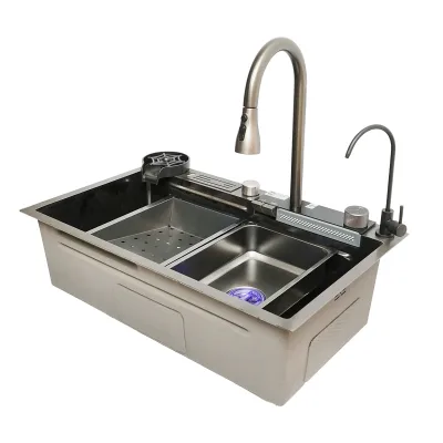 Lavello da cucina multifunzionale in acciaio inox con due rubinetti, display digitale della temperatura, funzione cascata, lavapentole, scolapiatti, vassoio, tagliere e accessori di scarico inclusi, dimensioni 75×46×23,5 cm. - immagine 4