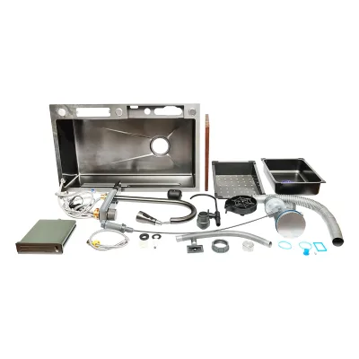 Lavello da cucina multifunzionale in acciaio inox con due rubinetti, display digitale della temperatura, funzione cascata, lavapentole, scolapiatti, vassoio, tagliere e accessori di scarico inclusi, dimensioni 75×46×23,5 cm. - immagine 3