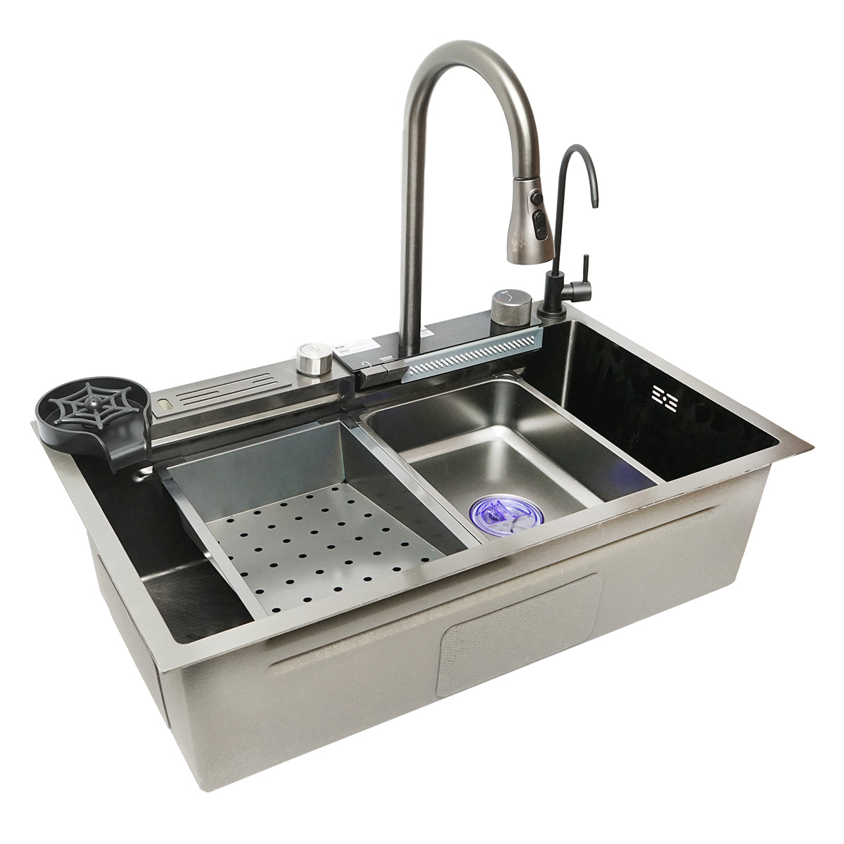 Lavello da cucina multifunzionale in acciaio inox con due rubinetti, display digitale della temperatura, funzione cascata, lavapentole, scolapiatti, vassoio, tagliere e accessori di scarico inclusi, dimensioni 75×46×23,5 cm. - immagine 5
