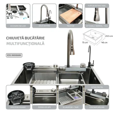 Lavello da cucina multifunzionale in acciaio inox con due rubinetti, display digitale della temperatura, funzione cascata, lavapentole, scolapiatti, vassoio, tagliere e accessori di scarico inclusi, dimensioni 75×46×23,5 cm. - immagine 2