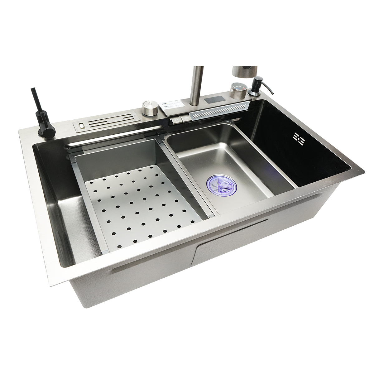 Lavello da cucina multifunzionale in acciaio inox con due rubinetti, display digitale per la temperatura, funzione cascata, dispenser di sapone, scolapasta, vassoio, tagliere e accessori di drenaggio inclusi, dimensioni 75x46x23,5 cm - immagine 6