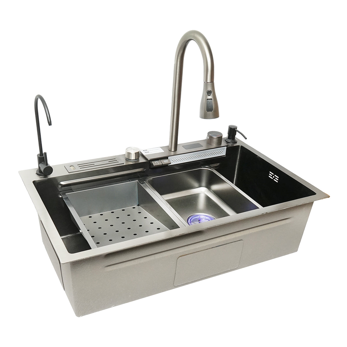 Lavello da cucina multifunzionale in acciaio inox con due rubinetti, display digitale per la temperatura, funzione cascata, dispenser di sapone, scolapasta, vassoio, tagliere e accessori di drenaggio inclusi, dimensioni 75x46x23,5 cm - immagine 4