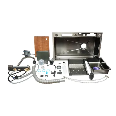 Lavello da cucina multifunzionale in acciaio inox con due rubinetti, display digitale per la temperatura, funzione cascata, dispenser di sapone, scolapasta, vassoio, tagliere e accessori di drenaggio inclusi, dimensioni 75x46x23,5 cm - immagine 3