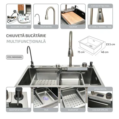 Lavello da cucina multifunzionale in acciaio inox con due rubinetti, display digitale per la temperatura, funzione cascata, dispenser di sapone, scolapasta, vassoio, tagliere e accessori di drenaggio inclusi, dimensioni 75x46x23,5 cm - immagine 2