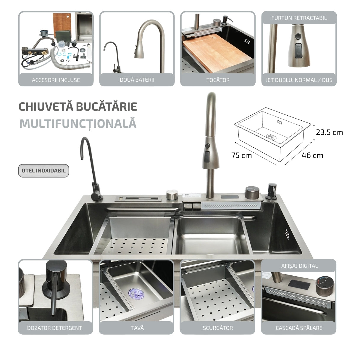 Lavello da cucina multifunzionale in acciaio inox con due rubinetti, display digitale per la temperatura, funzione cascata, dispenser di sapone, scolapasta, vassoio, tagliere e accessori di drenaggio inclusi, dimensioni 75x46x23,5 cm - immagine 2