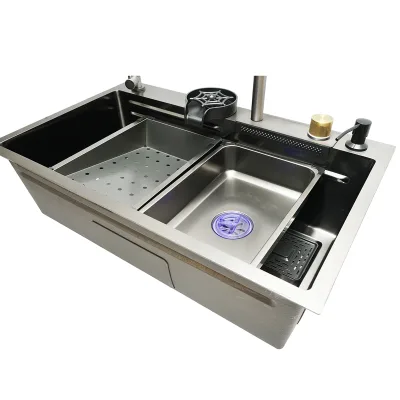 Lavello da cucina multifunzionale in acciaio inox con due rubinetti, funzione cascata, dispenser di sapone, lavapentole, scolapiatti, vassoio, tagliere e accessori di scarico inclusi, dimensioni 75×46×23,5 cm. - immagine 5