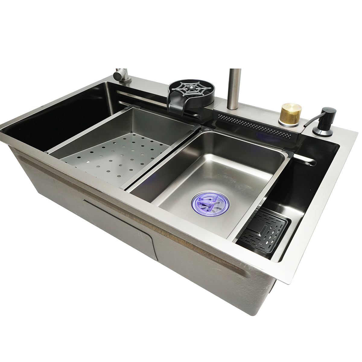 Lavello da cucina multifunzionale in acciaio inox con due rubinetti, funzione cascata, dispenser di sapone, lavapentole, scolapiatti, vassoio, tagliere e accessori di scarico inclusi, dimensioni 75×46×23,5 cm. - immagine 5