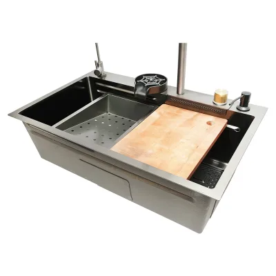 Lavello da cucina multifunzionale in acciaio inox con due rubinetti, funzione cascata, dispenser di sapone, lavapentole, scolapiatti, vassoio, tagliere e accessori di scarico inclusi, dimensioni 75×46×23,5 cm. - immagine 6