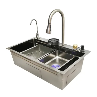 Lavello da cucina multifunzionale in acciaio inox con due rubinetti, funzione cascata, dispenser di sapone, lavapentole, scolapiatti, vassoio, tagliere e accessori di scarico inclusi, dimensioni 75×46×23,5 cm. - immagine 4