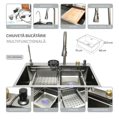Lavello da cucina multifunzionale in acciaio inox con due rubinetti, funzione cascata, dispenser di sapone, lavapentole, scolapiatti, vassoio, tagliere e accessori di scarico inclusi, dimensioni 75×46×23,5 cm. - immagine 2