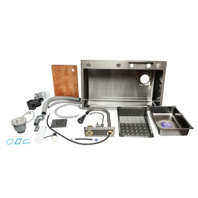Lavello da cucina multifunzionale in acciaio inox con due rubinetti, funzione cascata, dispenser di sapone, lavapentole, scolapiatti, vassoio, tagliere e accessori di scarico inclusi, dimensioni 75×46×23,5 cm. - immagine 3
