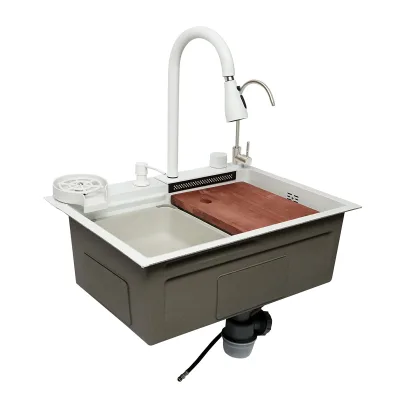 Lavello da cucina multifunzionale in acciaio inox con due rubinetti, funzione cascata, lavapentole, dispenser di sapone, scolapiatti, vassoio, tagliere e accessori di scarico inclusi, dimensioni 60×45×22 cm. - immagine 6
