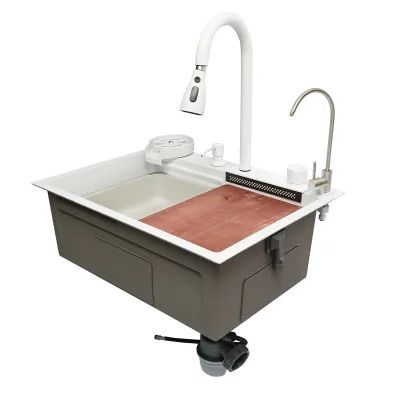 Lavello da cucina multifunzionale in acciaio inox con due rubinetti, funzione cascata, lavapentole, dispenser di sapone, scolapiatti, vassoio, tagliere e accessori di scarico inclusi, dimensioni 60×45×22 cm. - immagine 4