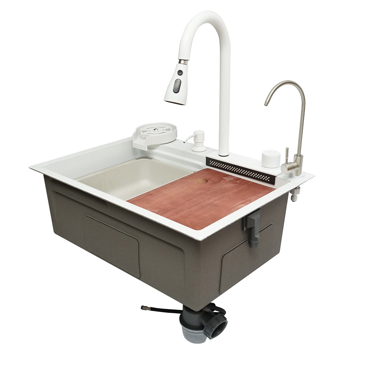 Lavello da cucina multifunzionale in acciaio inox con due rubinetti, funzione cascata, lavapentole, dispenser di sapone, scolapiatti, vassoio, tagliere e accessori di scarico inclusi, dimensioni 60×45×22 cm. - immagine 4