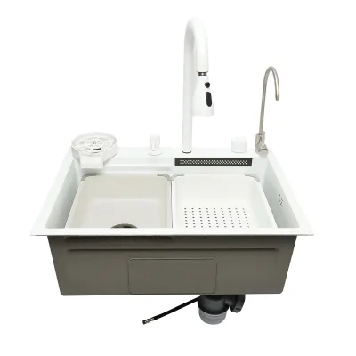Lavello da cucina multifunzionale in acciaio inox con due rubinetti, funzione cascata, lavapentole, dispenser di sapone, scolapiatti, vassoio, tagliere e accessori di scarico inclusi, dimensioni 60×45×22 cm.