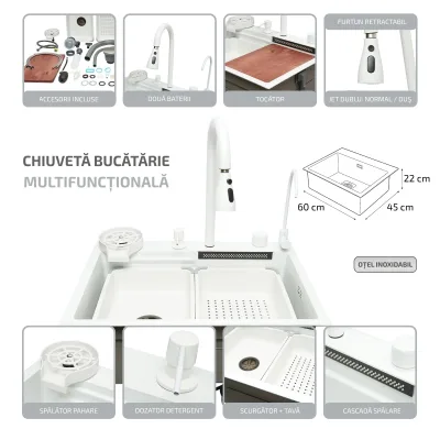Lavello da cucina multifunzionale in acciaio inox con due rubinetti, funzione cascata, lavapentole, dispenser di sapone, scolapiatti, vassoio, tagliere e accessori di scarico inclusi, dimensioni 60×45×22 cm. - immagine 2