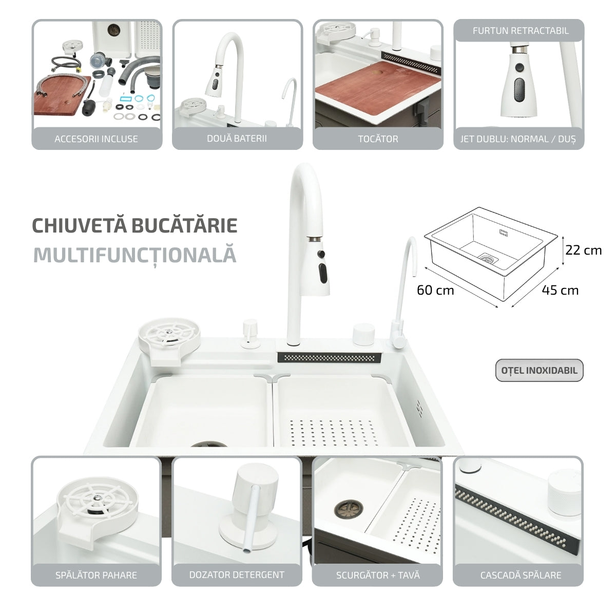 Lavello da cucina multifunzionale in acciaio inox con due rubinetti, funzione cascata, lavapentole, dispenser di sapone, scolapiatti, vassoio, tagliere e accessori di scarico inclusi, dimensioni 60×45×22 cm. - immagine 2