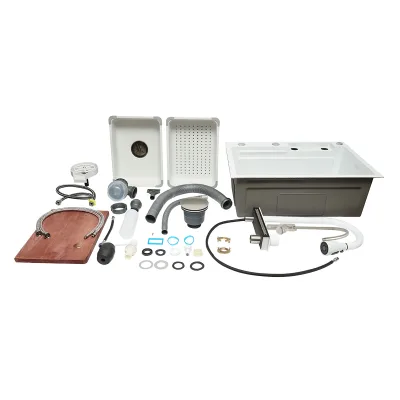 Lavello da cucina multifunzionale in acciaio inox con due rubinetti, funzione cascata, lavapentole, dispenser di sapone, scolapiatti, vassoio, tagliere e accessori di scarico inclusi, dimensioni 60×45×22 cm. - immagine 3