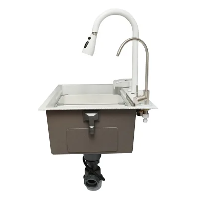 Lavello da cucina multifunzionale in acciaio inox con due rubinetti, funzione cascata, lavapentole, dispenser di sapone, scolapiatti, vassoio, tagliere e accessori di scarico inclusi, dimensioni 60×45×22 cm. - immagine 5