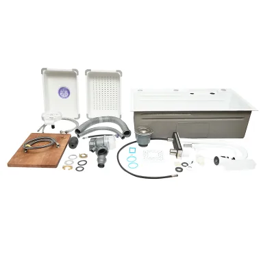 Lavello da cucina multifunzionale in acciaio inox con due rubinetti, funzione cascata, lavapentole, dispenser di sapone, scolapiatti, vassoio, tagliere e accessori di scarico inclusi, dimensioni 75x46x23,5 cm. - immagine 3