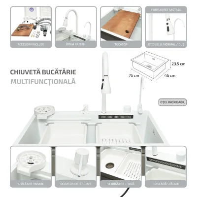 Lavello da cucina multifunzionale in acciaio inox con due rubinetti, funzione cascata, lavapentole, dispenser di sapone, scolapiatti, vassoio, tagliere e accessori di scarico inclusi, dimensioni 75x46x23,5 cm. - immagine 2