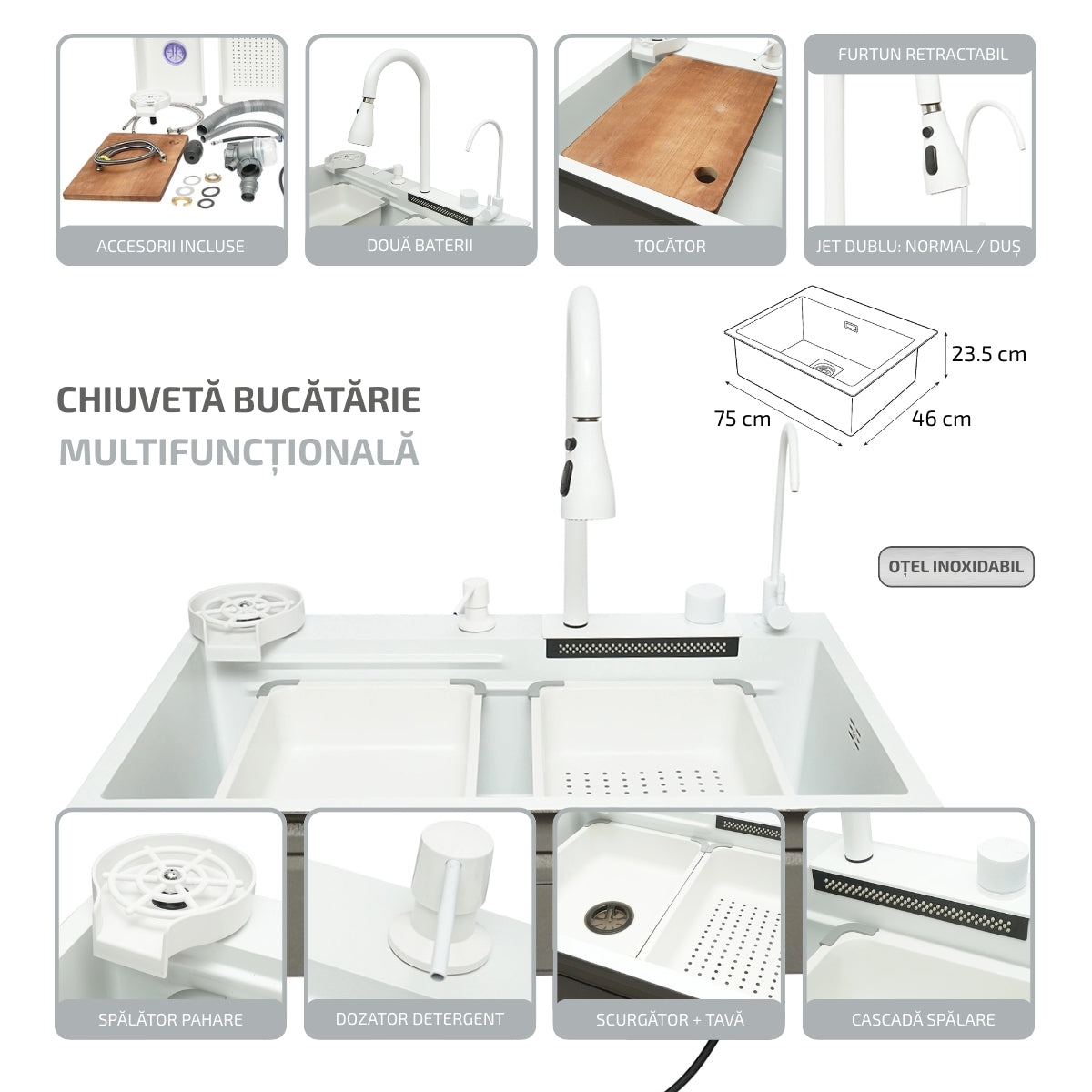 Lavello da cucina multifunzionale in acciaio inox con due rubinetti, funzione cascata, lavapentole, dispenser di sapone, scolapiatti, vassoio, tagliere e accessori di scarico inclusi, dimensioni 75x46x23,5 cm. - immagine 2