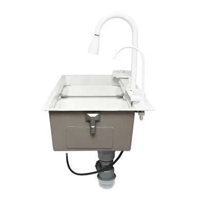 Lavello da cucina multifunzionale in acciaio inox con due rubinetti, funzione cascata, lavapentole, dispenser di sapone, scolapiatti, vassoio, tagliere e accessori di scarico inclusi, dimensioni 75x46x23,5 cm. - immagine 6