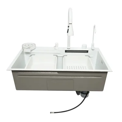 Lavello da cucina multifunzionale in acciaio inox con due rubinetti, funzione cascata, lavapentole, dispenser di sapone, scolapiatti, vassoio, tagliere e accessori di scarico inclusi, dimensioni 75x46x23,5 cm.