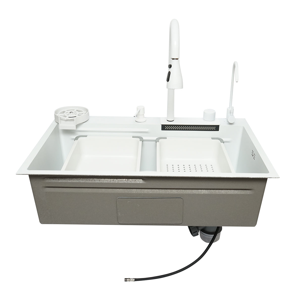 Lavello da cucina multifunzionale in acciaio inox con due rubinetti, funzione cascata, lavapentole, dispenser di sapone, scolapiatti, vassoio, tagliere e accessori di scarico inclusi, dimensioni 75x46x23,5 cm.