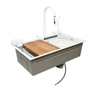 Lavello da cucina multifunzionale in acciaio inox con due rubinetti, funzione cascata, lavapentole, dispenser di sapone, scolapiatti, vassoio, tagliere e accessori di scarico inclusi, dimensioni 75x46x23,5 cm. - immagine 4