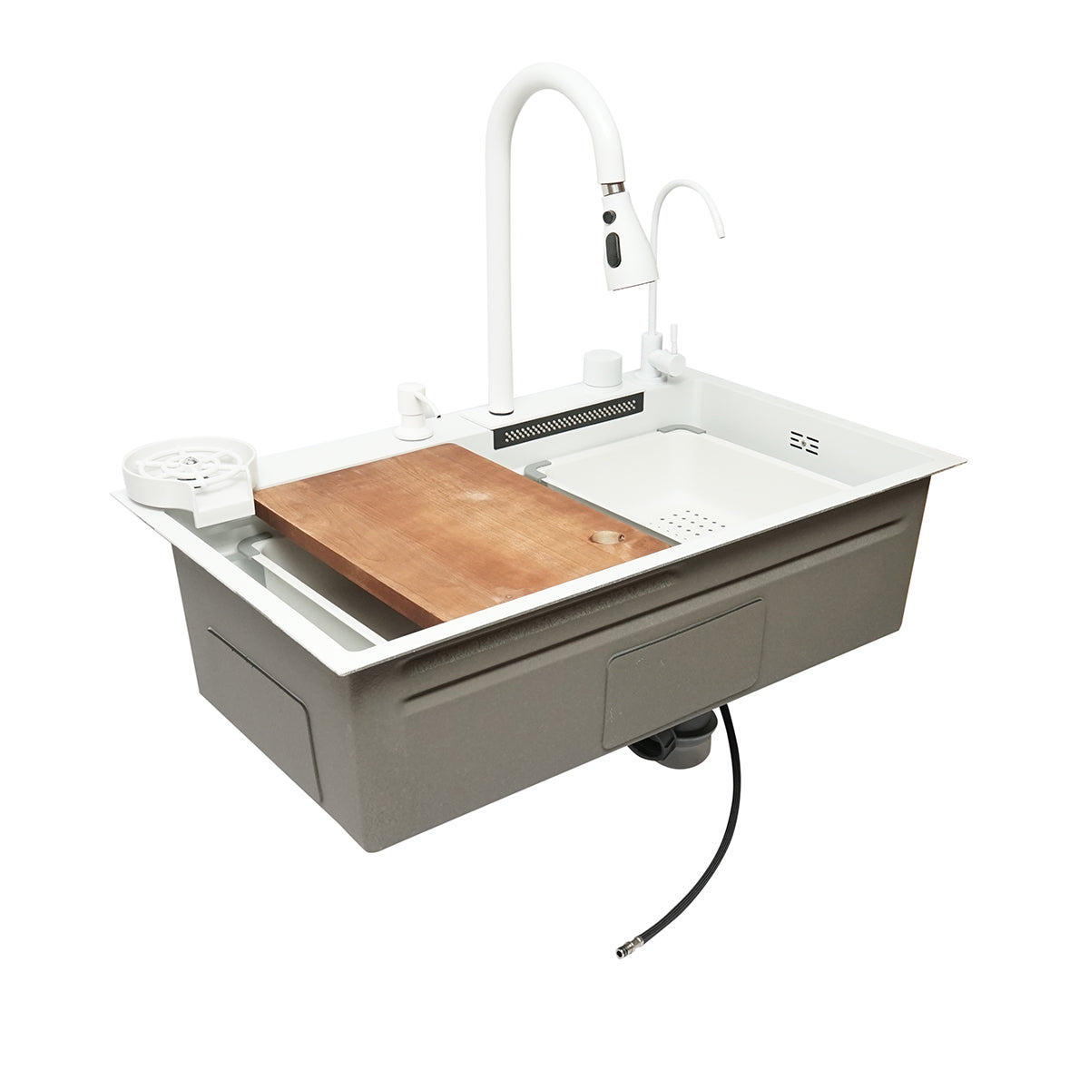Lavello da cucina multifunzionale in acciaio inox con due rubinetti, funzione cascata, lavapentole, dispenser di sapone, scolapiatti, vassoio, tagliere e accessori di scarico inclusi, dimensioni 75x46x23,5 cm. - immagine 4