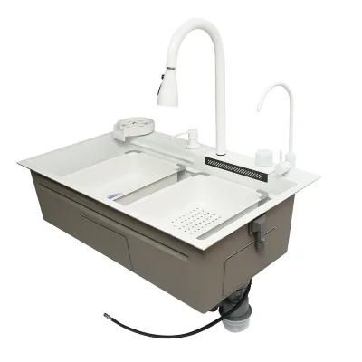 Lavello da cucina multifunzionale in acciaio inox con due rubinetti, funzione cascata, lavapentole, dispenser di sapone, scolapiatti, vassoio, tagliere e accessori di scarico inclusi, dimensioni 75x46x23,5 cm. - immagine 5