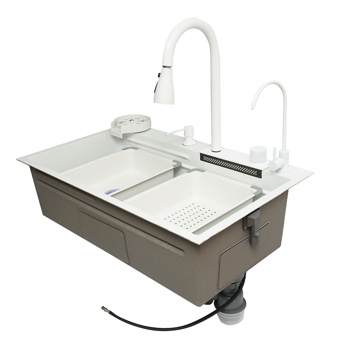 Lavello da cucina multifunzionale in acciaio inox con due rubinetti, funzione cascata, lavapentole, dispenser di sapone, scolapiatti, vassoio, tagliere e accessori di scarico inclusi, dimensioni 75x46x23,5 cm. - immagine 5