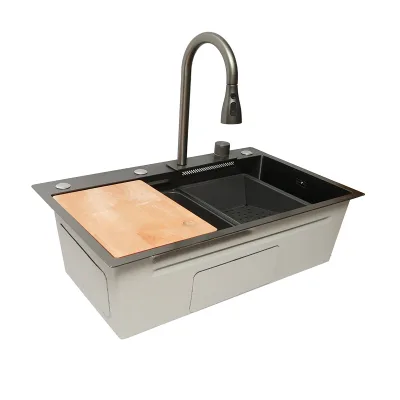 Lavello da cucina multifunzionale in acciaio inox con funzione cascata, scolapiatti, vassoio, tritatutto e accessori inclusi, dimensioni 75x46x22 cm - immagine 6
