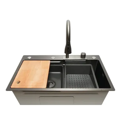 Lavello da cucina multifunzionale in acciaio inox con funzione cascata, scolapiatti, vassoio, tritatutto e accessori inclusi, dimensioni 75x46x22 cm