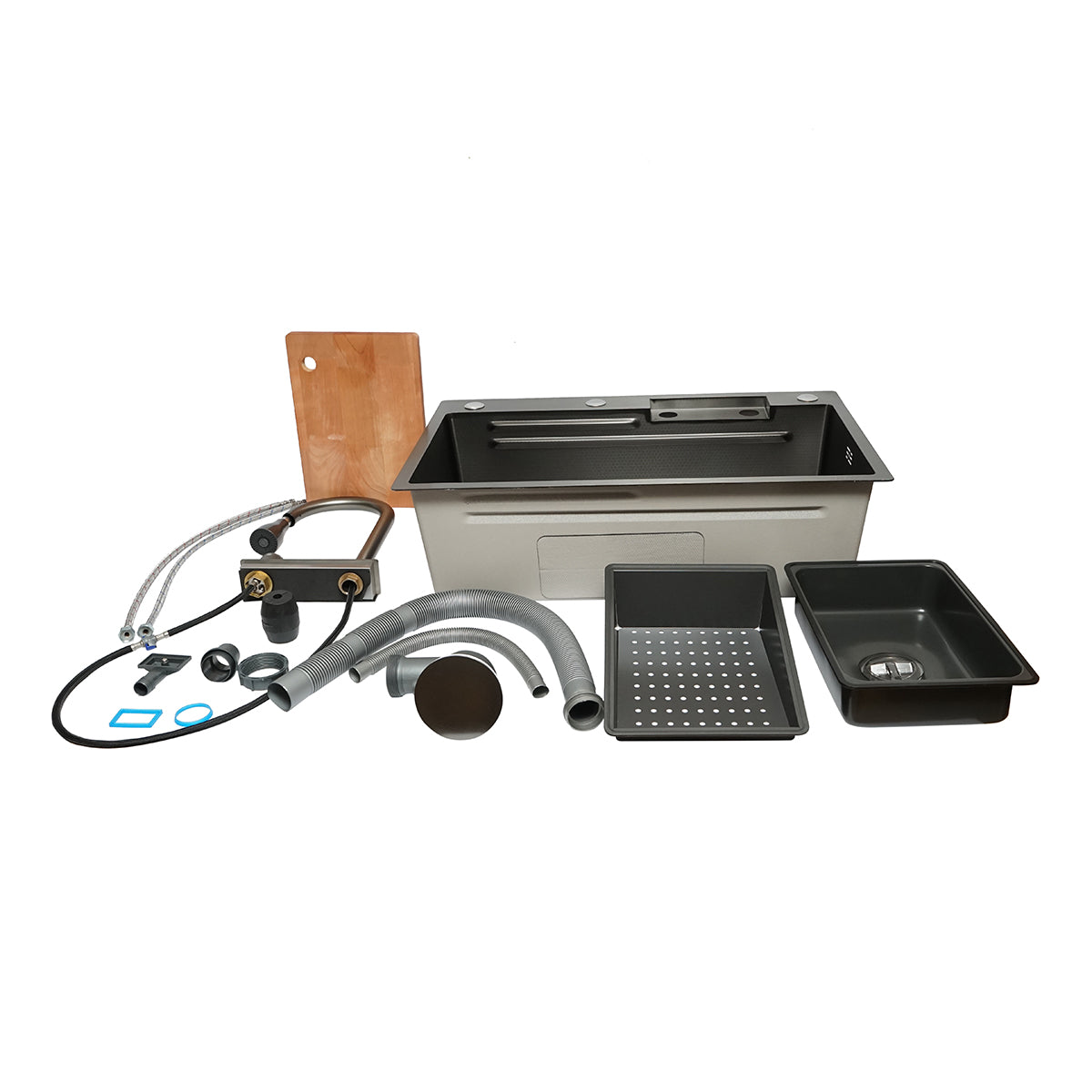 Lavello da cucina multifunzionale in acciaio inox con funzione cascata, scolapiatti, vassoio, tritatutto e accessori inclusi, dimensioni 75x46x22 cm - immagine 3