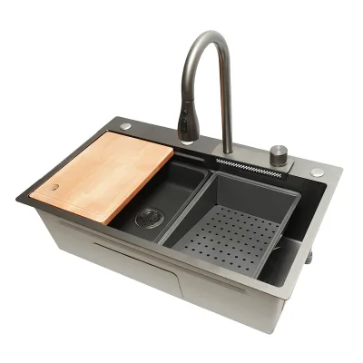 Lavello da cucina multifunzionale in acciaio inox con funzione cascata, scolapiatti, vassoio, tritatutto e accessori inclusi, dimensioni 75x46x22 cm - immagine 4