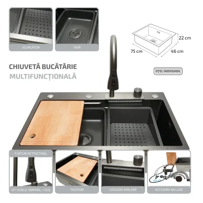 Lavello da cucina multifunzionale in acciaio inox con funzione cascata, scolapiatti, vassoio, tritatutto e accessori inclusi, dimensioni 75x46x22 cm - immagine 2