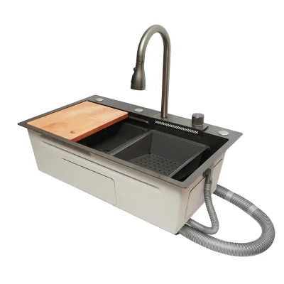 Lavello da cucina multifunzionale in acciaio inox con funzione cascata, scolapiatti, vassoio, tritatutto e accessori inclusi, dimensioni 75x46x22 cm - immagine 5